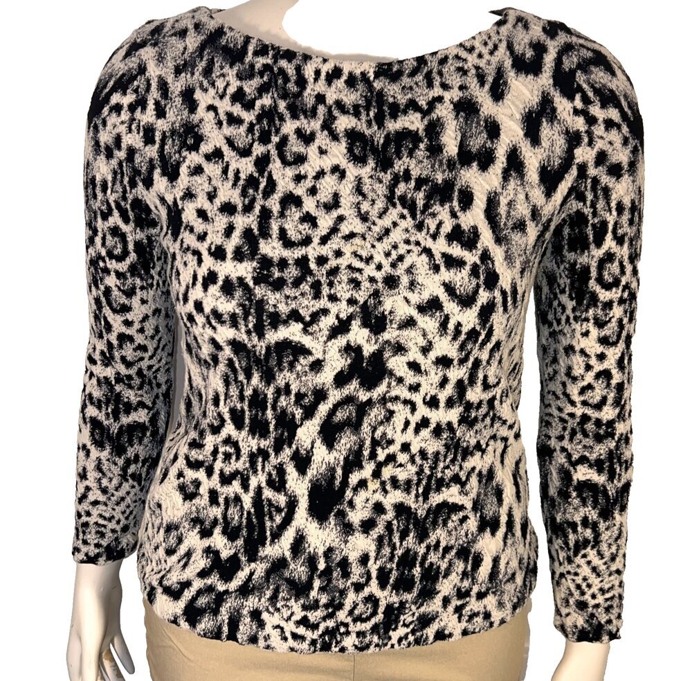 Chico's Sweater Womens Size L (2) Black White Leopard Animal Print Boat Neck